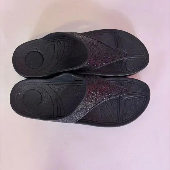 FitFlop Women's Black Platform Sparkle Strap Flip Flop Sandals 9 - Picture 2 of 8